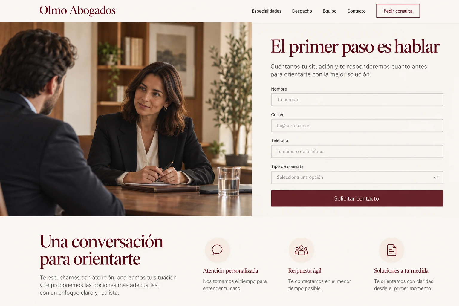 Contacto inicial del despacho de ejemplo sin envío de expedientes