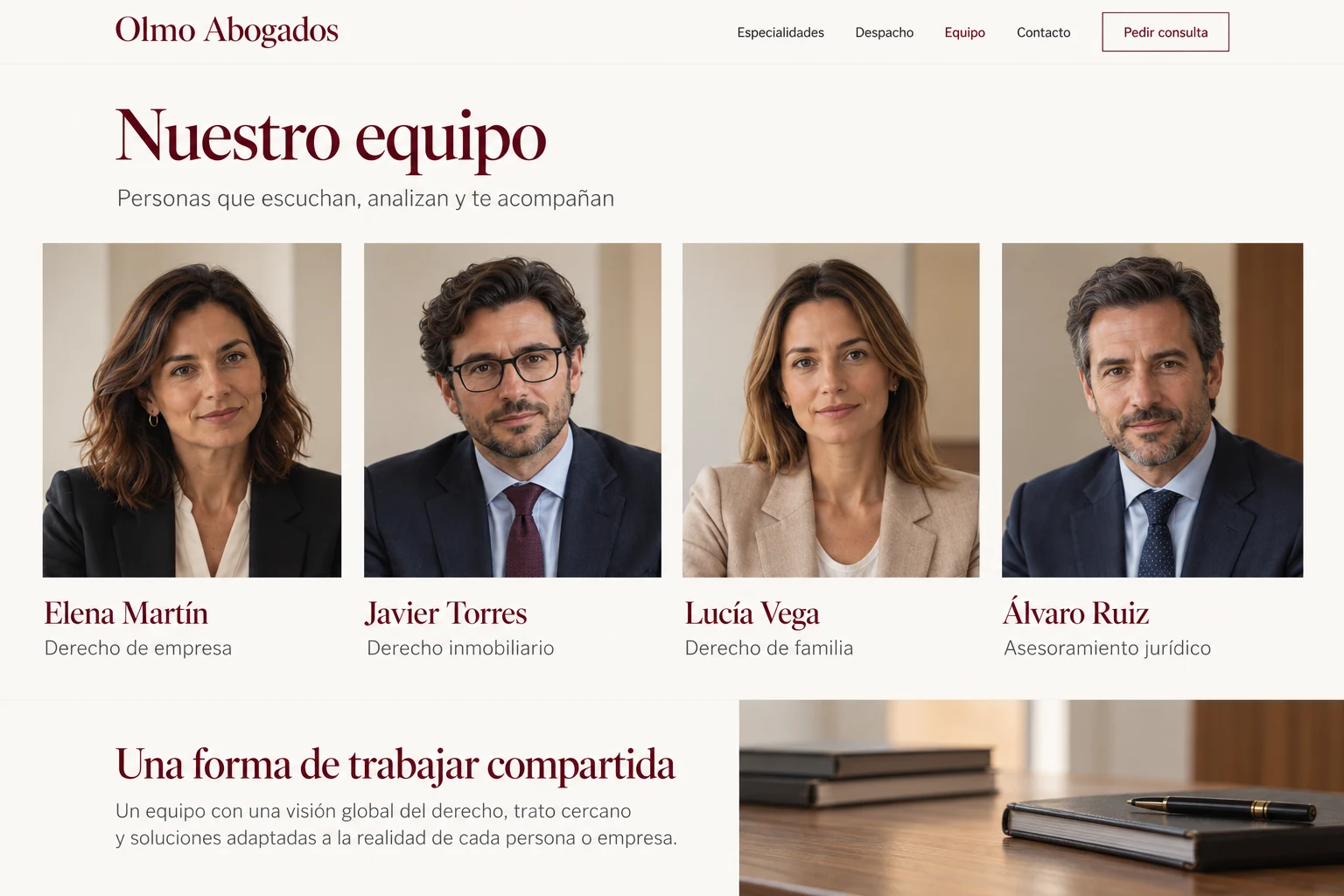 Equipo ficticio y presentación de Olmo Abogados