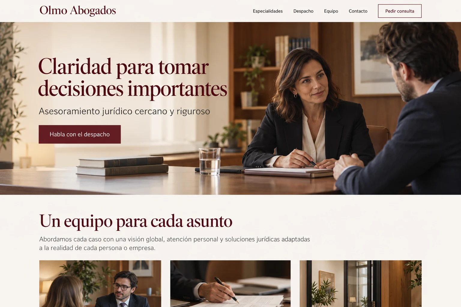 Inicio ilustrativo del despacho ficticio Olmo Abogados
