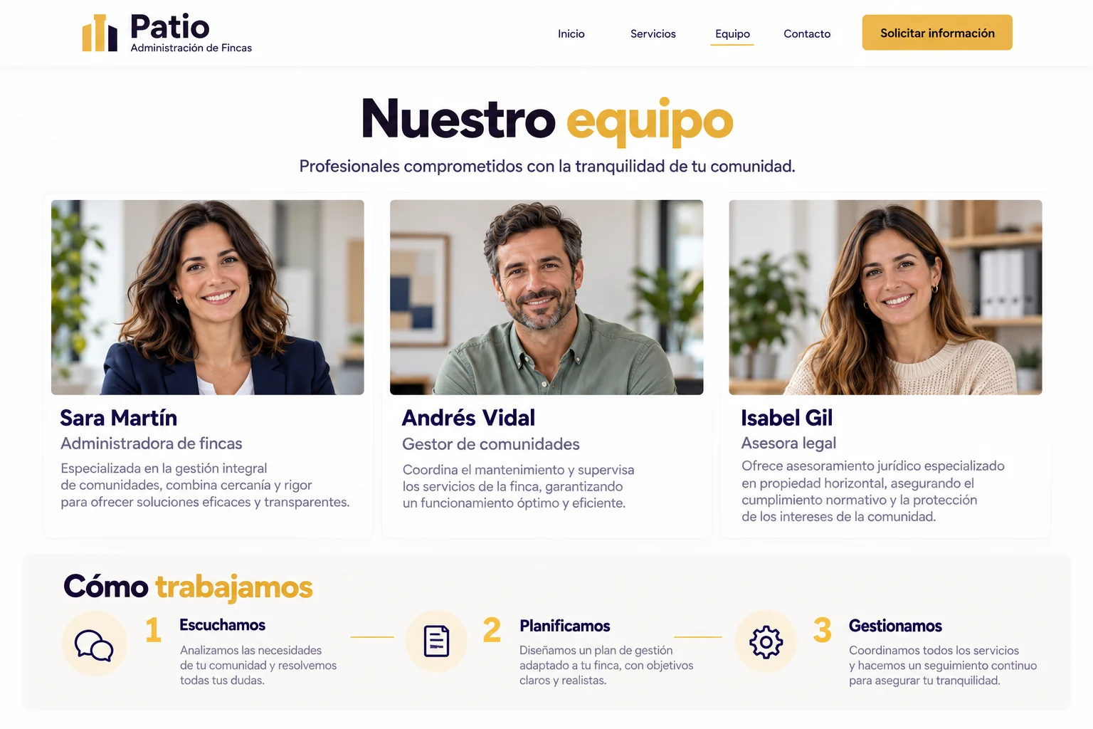 Profesionales ficticios del despacho Patio Administración de Fincas