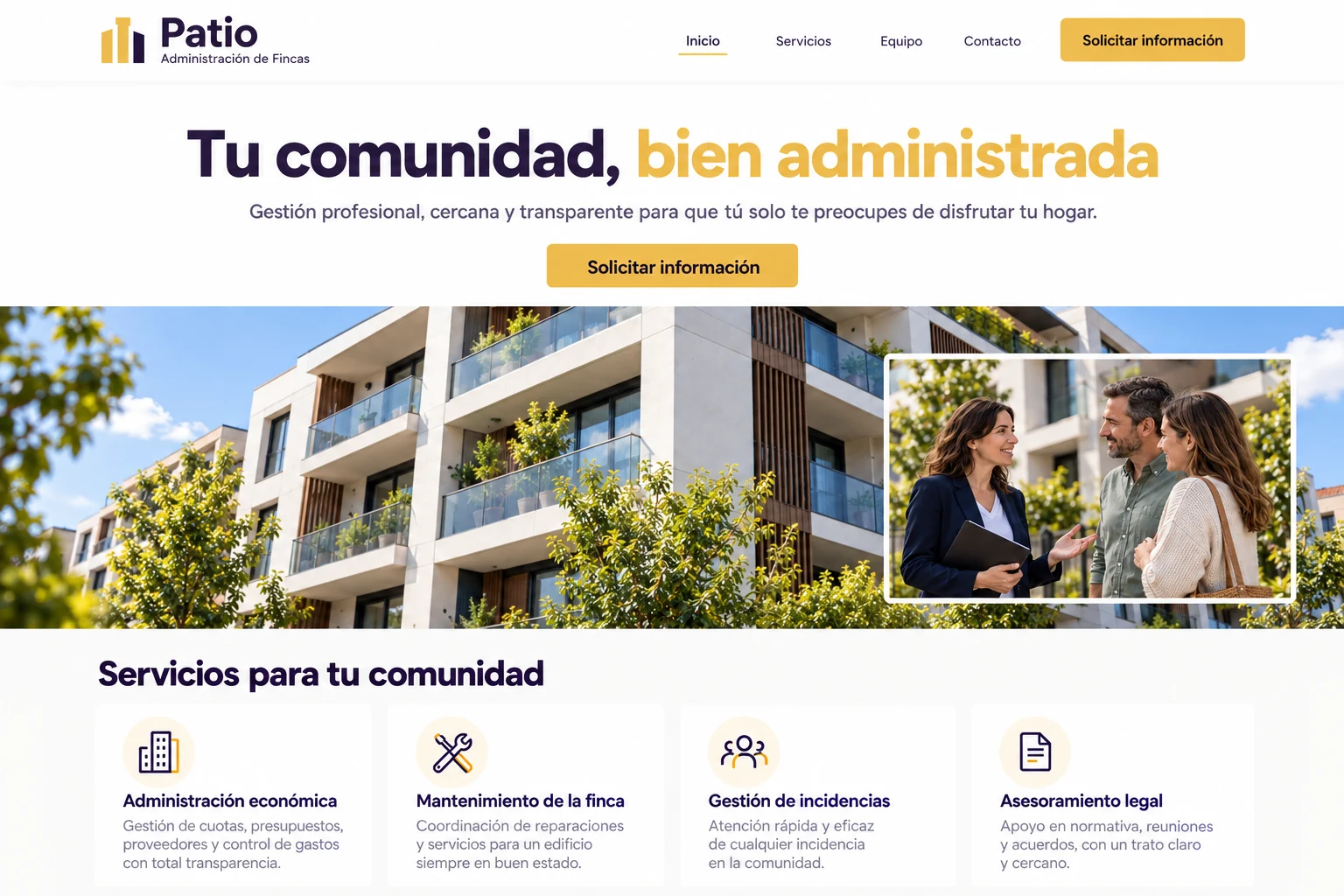 Inicio ilustrativo de Patio Administración de Fincas con edificio residencial