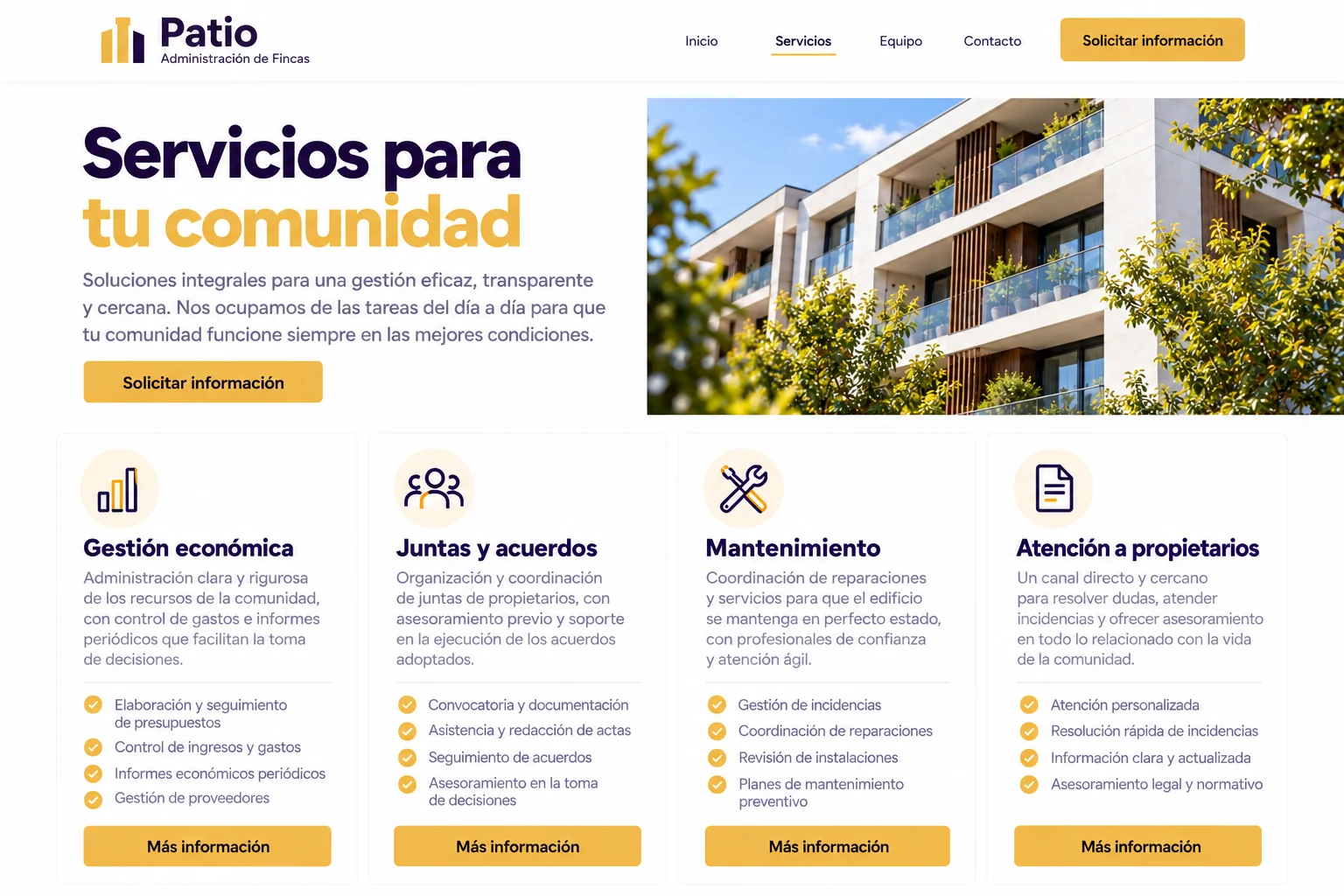 Gestión económica y servicios a comunidades del ejemplo Patio