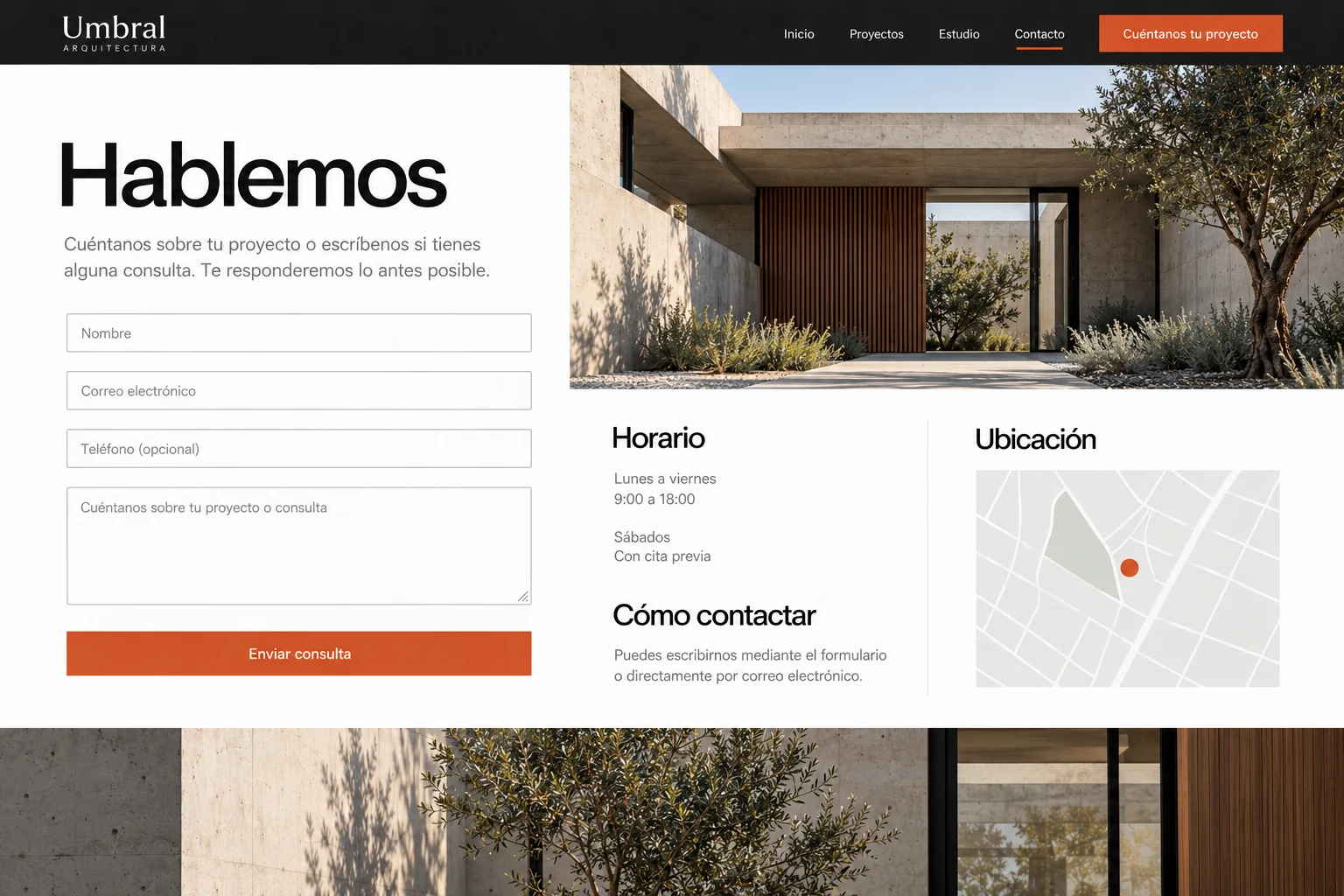 Formulario para consultar un proyecto al estudio ficticio Umbral