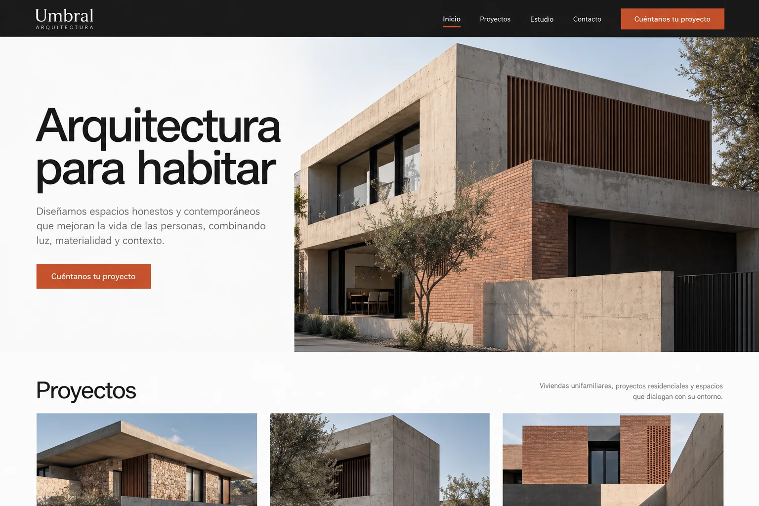Inicio de Umbral Arquitectura con fotografía exterior de una vivienda ficticia