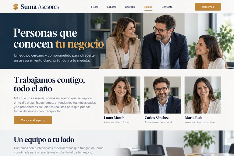 Equipo ficticio y presentación de Suma Asesores