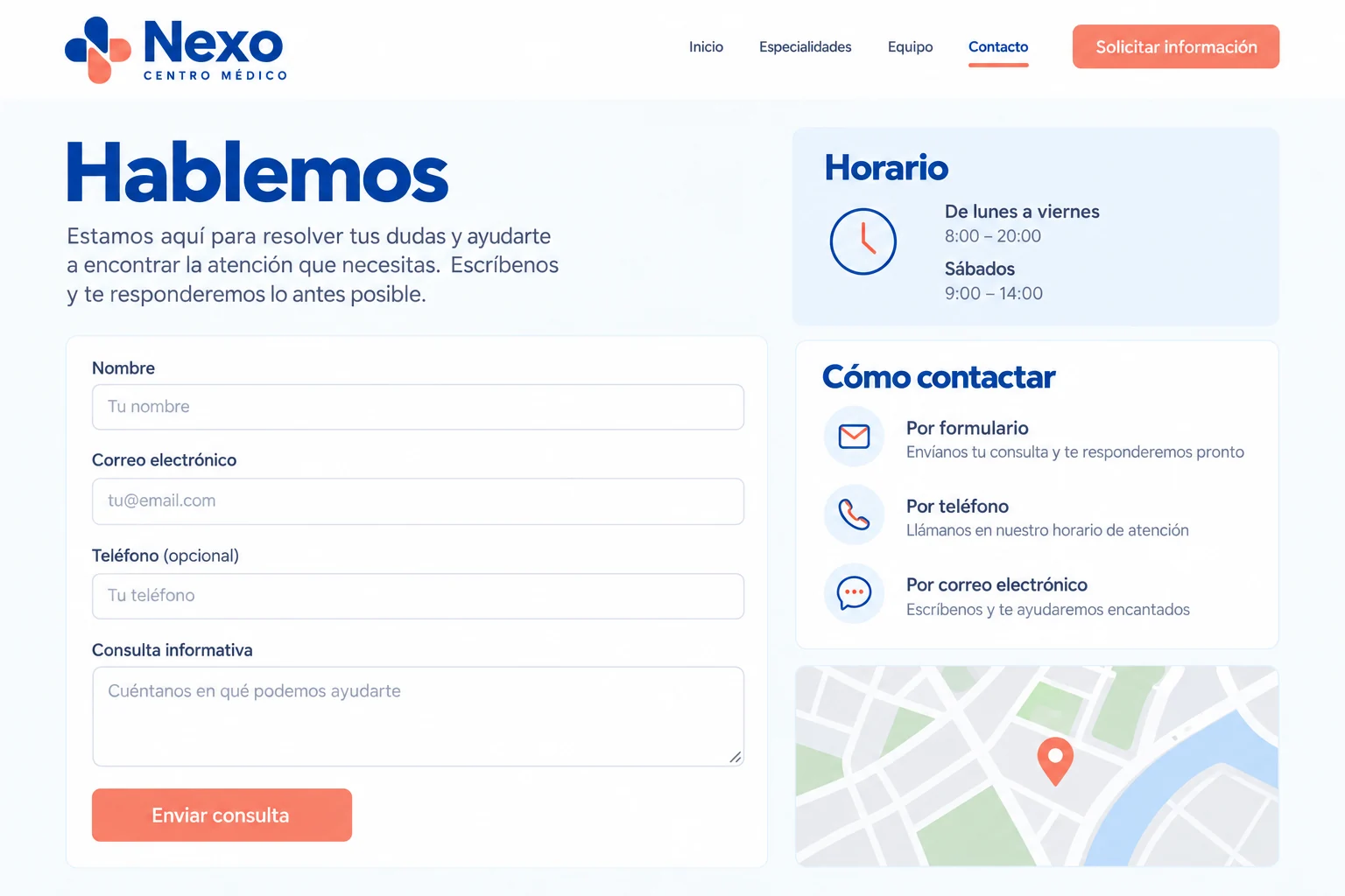 Formulario de contacto informativo de Nexo sin datos clínicos