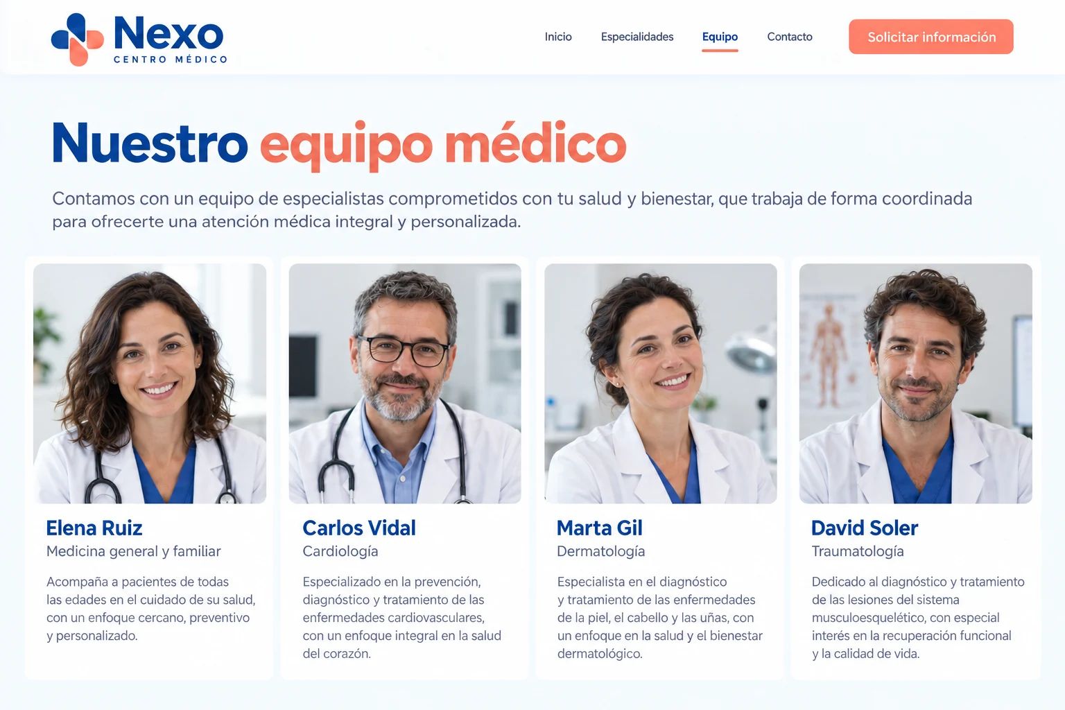 Directorio de profesionales ficticios de Nexo Centro Médico