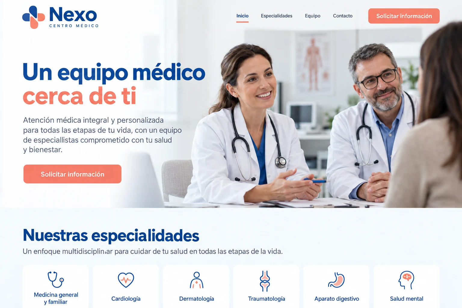 Inicio ilustrativo del centro médico ficticio Nexo con profesionales sanitarios