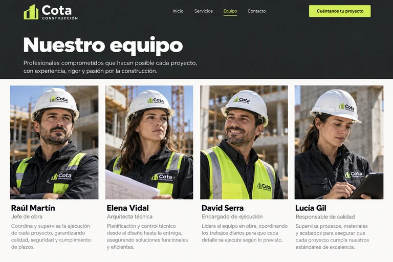 Retratos y funciones del equipo ficticio de Cota Construcción