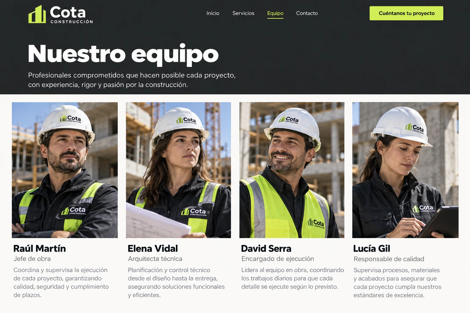 Retratos y funciones del equipo ficticio de Cota Construcción