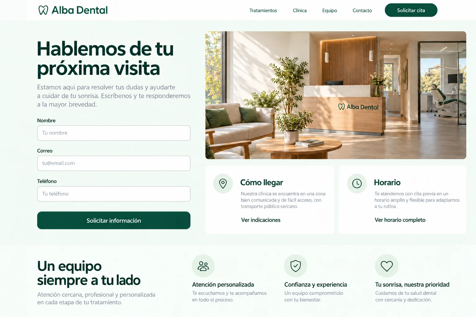 Contacto de Alba Dental de ejemplo sin solicitud de información clínica