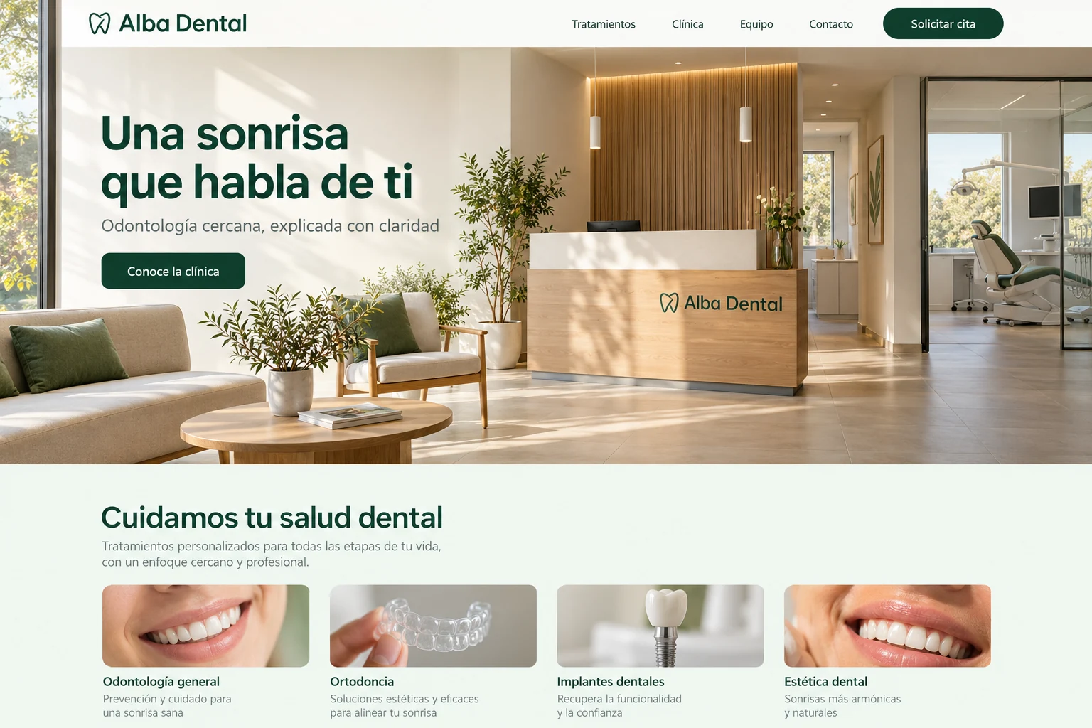 Inicio ilustrativo de Alba Dental con una recepción luminosa y presentación de la clínica