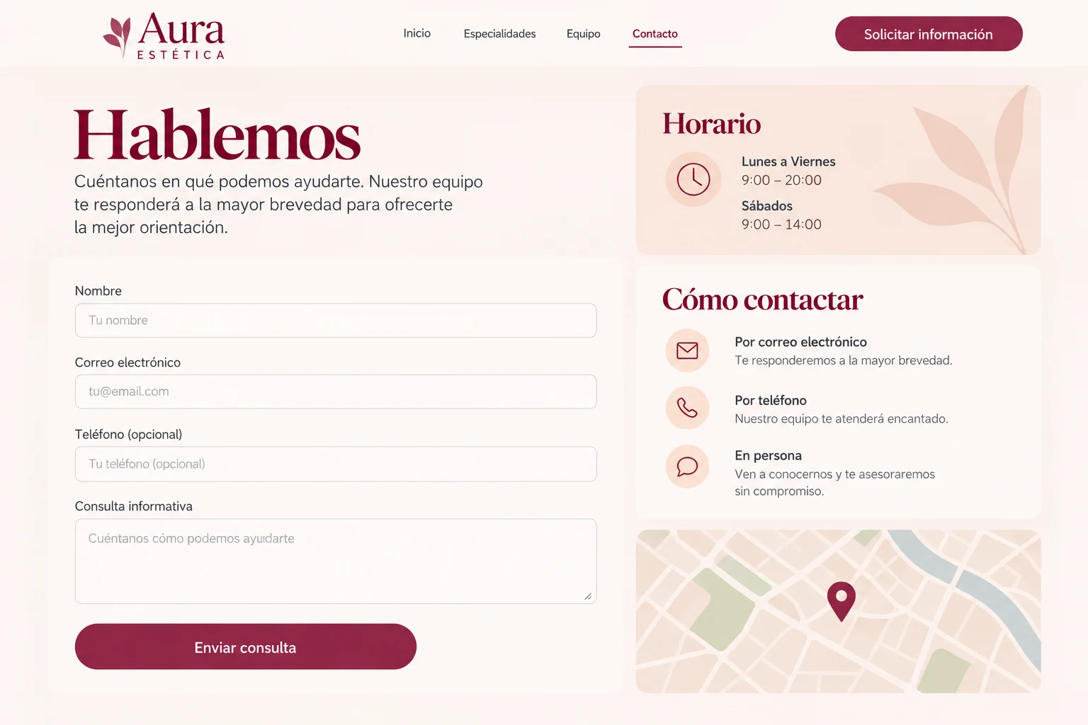 Formulario informativo y horarios del ejemplo Aura Estética