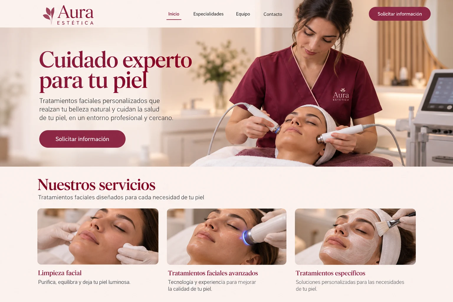 Inicio ilustrativo de Aura Estética con atención facial en un centro ficticio