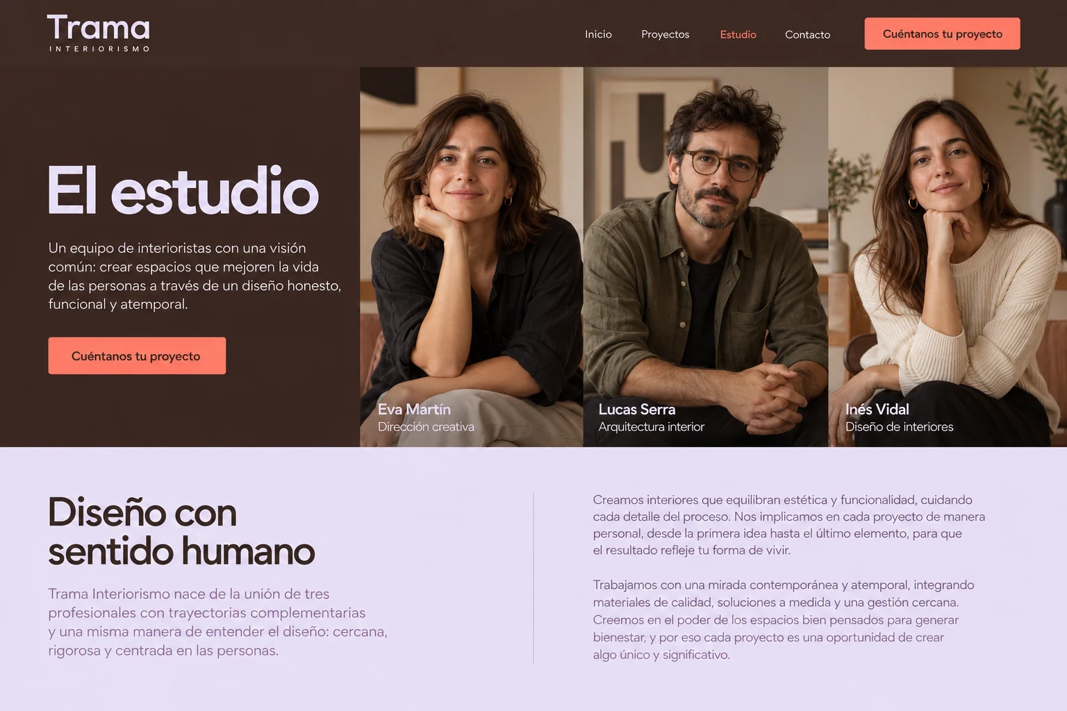 Equipo y enfoque del estudio ficticio Trama Interiorismo