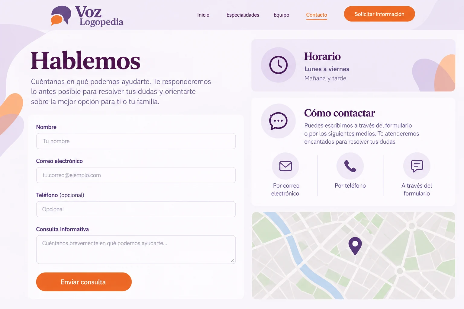 Formulario informativo de Voz Logopedia sin datos de menores ni información clínica