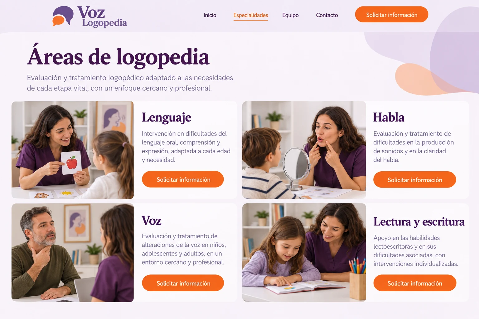 Áreas de lenguaje, habla, voz y lectura del ejemplo Voz