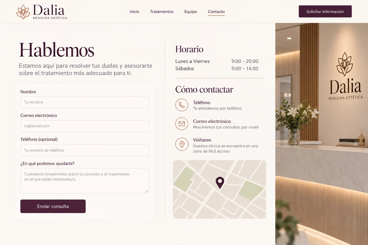 Formulario de contacto de Dalia sin datos de salud