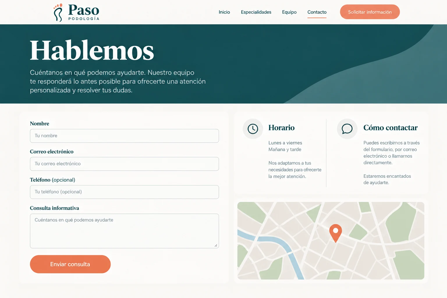 Formulario de contacto informativo de Paso sin datos clínicos