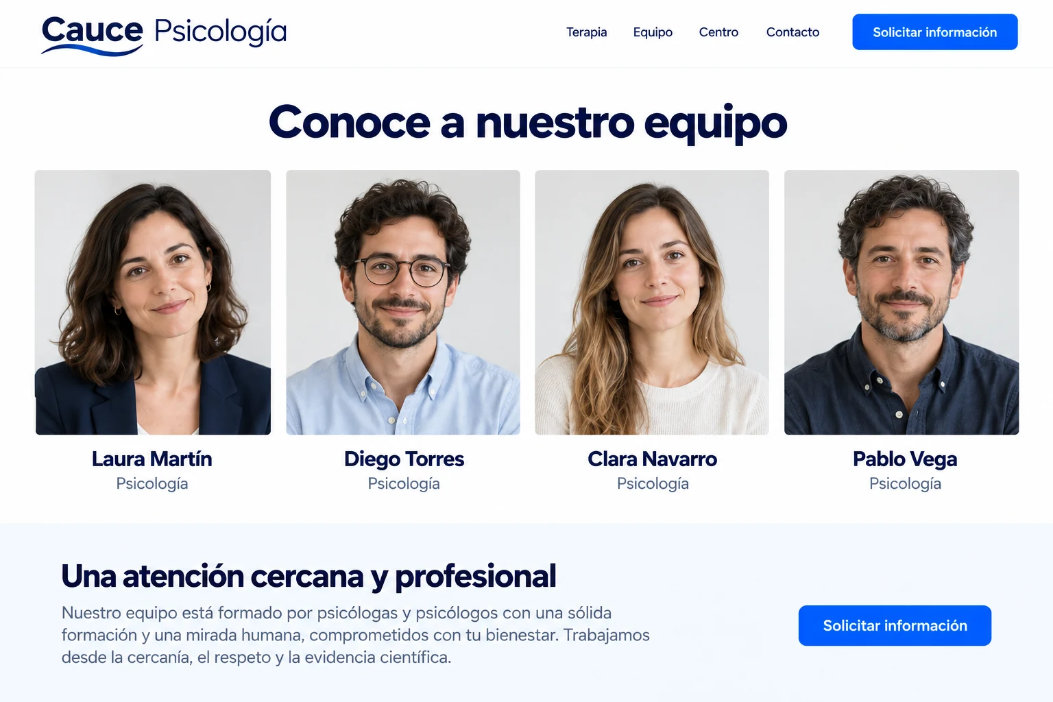Profesionales ficticios y presentación del mismo centro de ejemplo