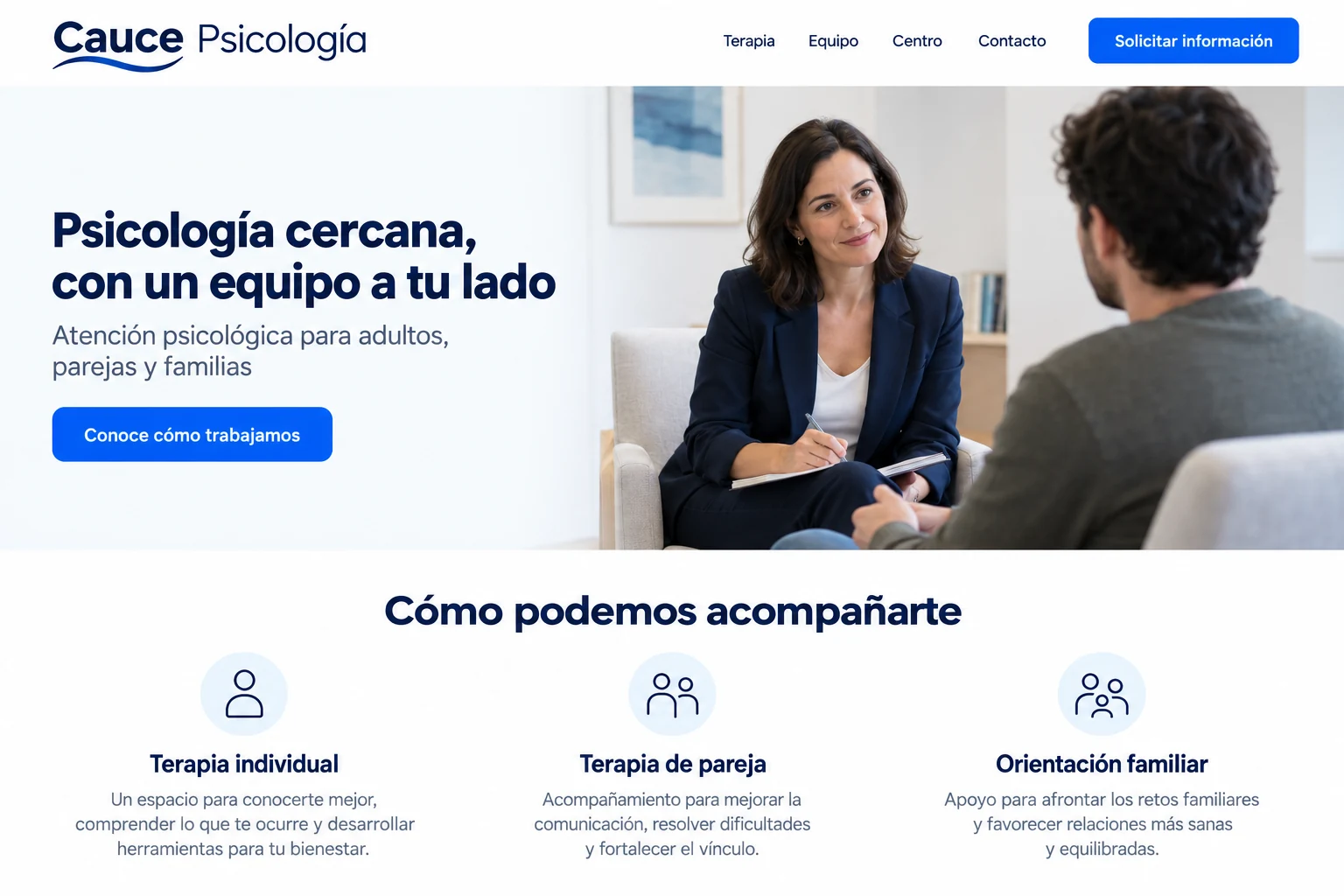 Inicio ilustrativo del centro ficticio Cauce Psicología