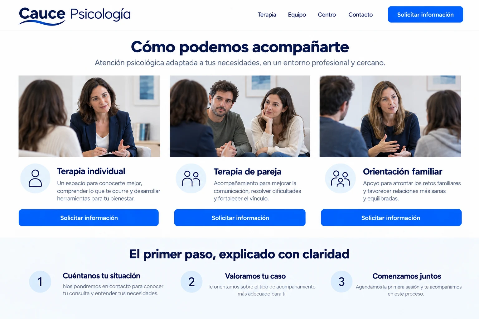 Presentación de servicios de la misma web ficticia Cauce Psicología