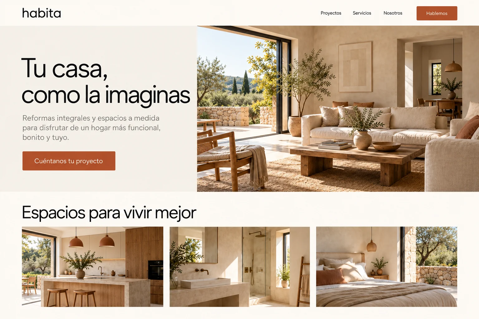 Inicio de una web de reformas de ejemplo, con una vivienda reformada y solicitud de presupuesto
