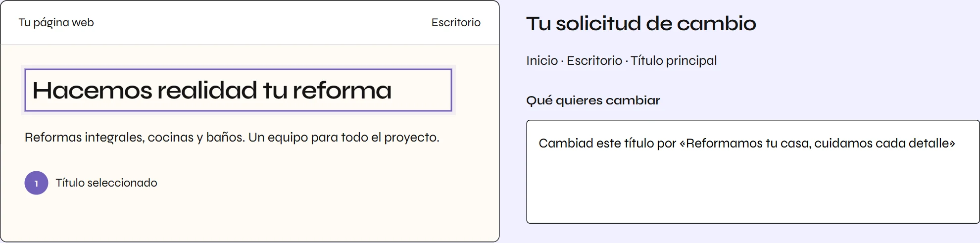 Ejemplo de una solicitud: título seleccionado en la página de inicio y la indicación de cambio junto a él