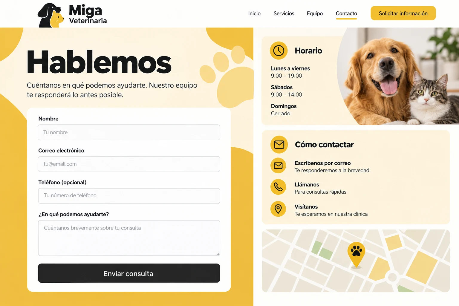 Horarios y formulario informativo de Miga Veterinaria