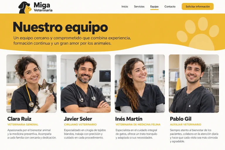 Retratos del equipo veterinario ficticio de Miga