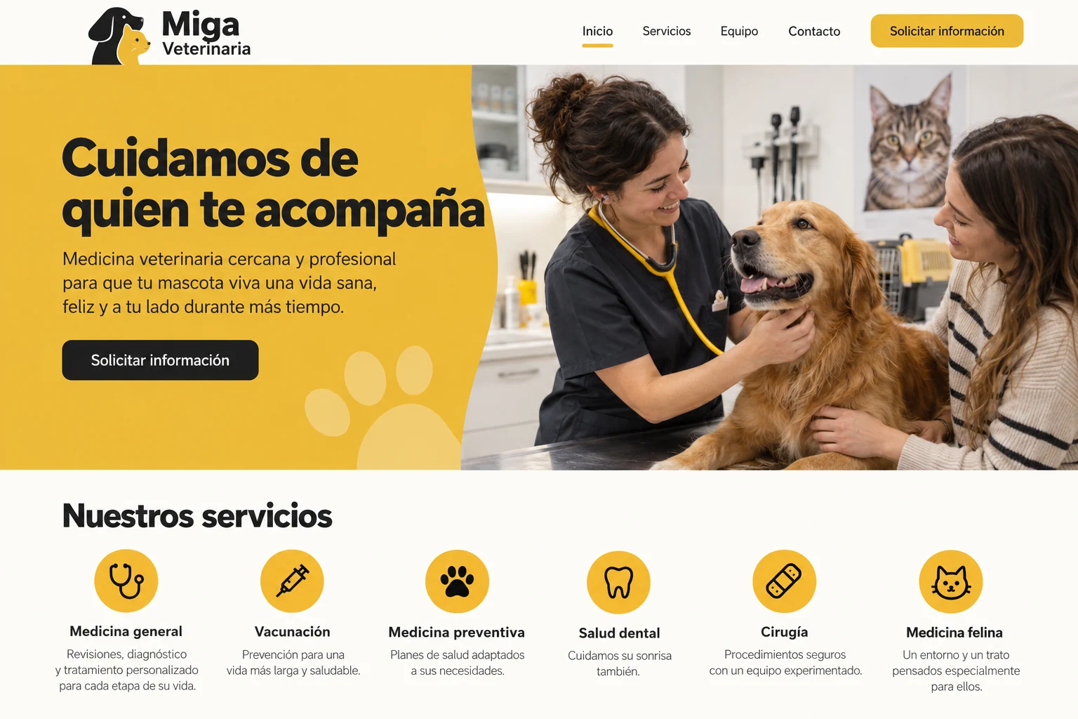 Inicio ficticio de Miga Veterinaria con consulta veterinaria y un perro