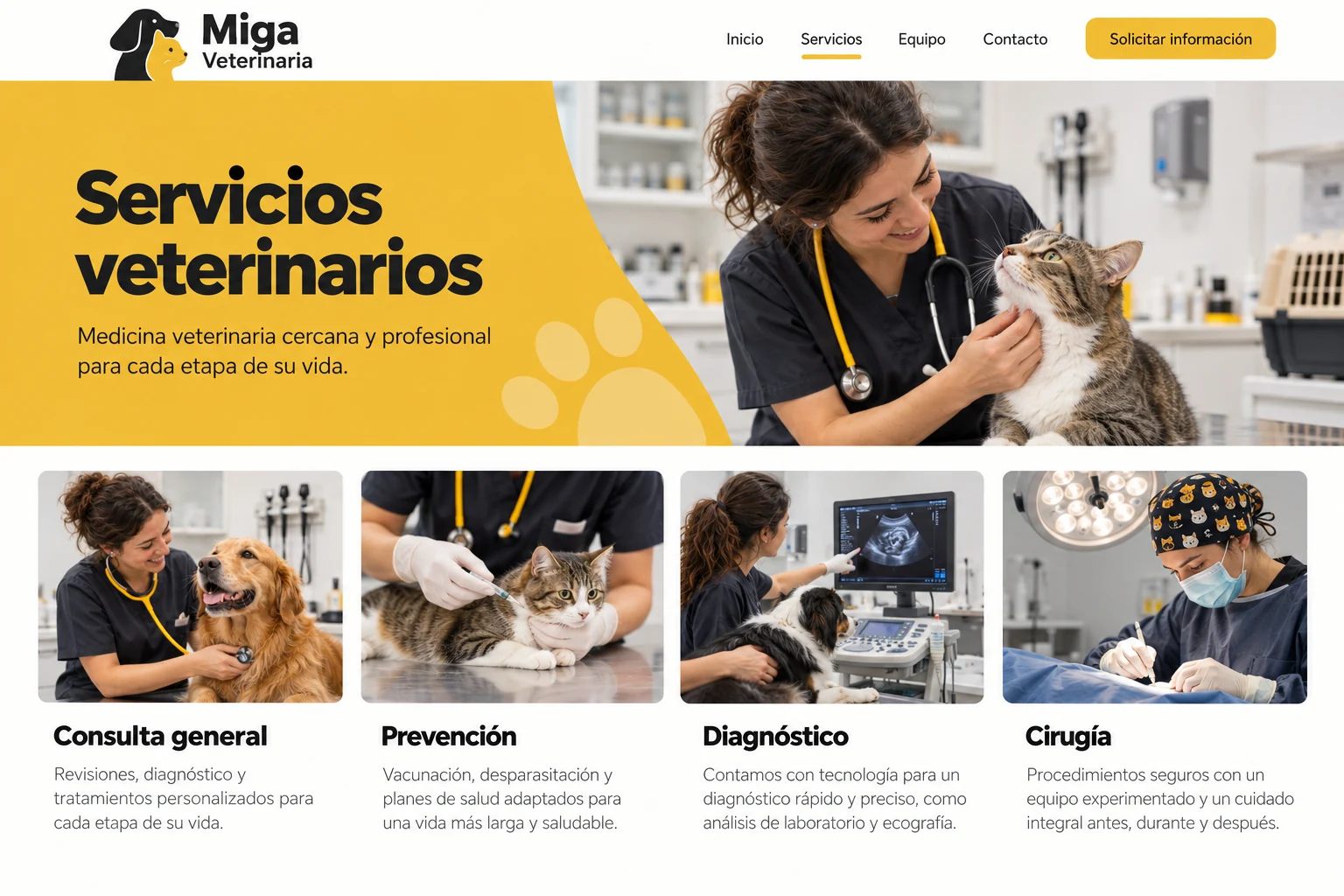 Servicios veterinarios de Miga en una página de ejemplo