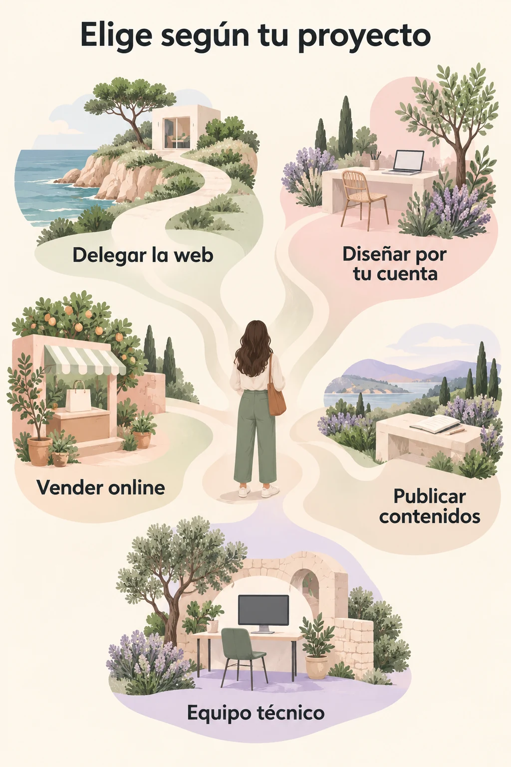 Mapa de cinco necesidades: delegar la web, diseñar por tu cuenta, vender online, publicar contenidos y contar con equipo técnico