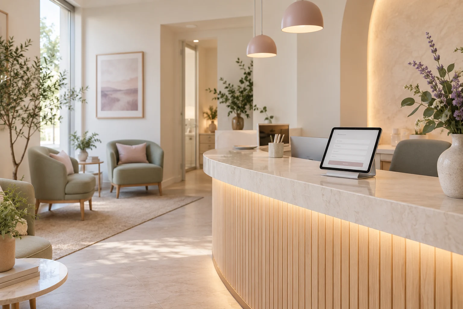 Recepción luminosa de una clínica dental con una tableta sobre el mostrador