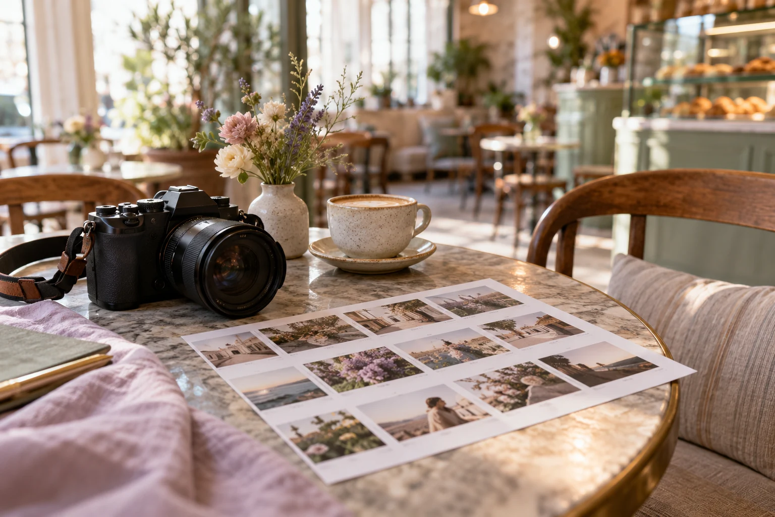 Cámara y selección de fotografías sobre una mesa de cafetería, escena ilustrativa
