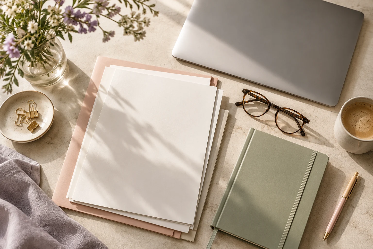 Carpetas, documentos sin texto legible y gafas sobre un escritorio, escena ilustrativa