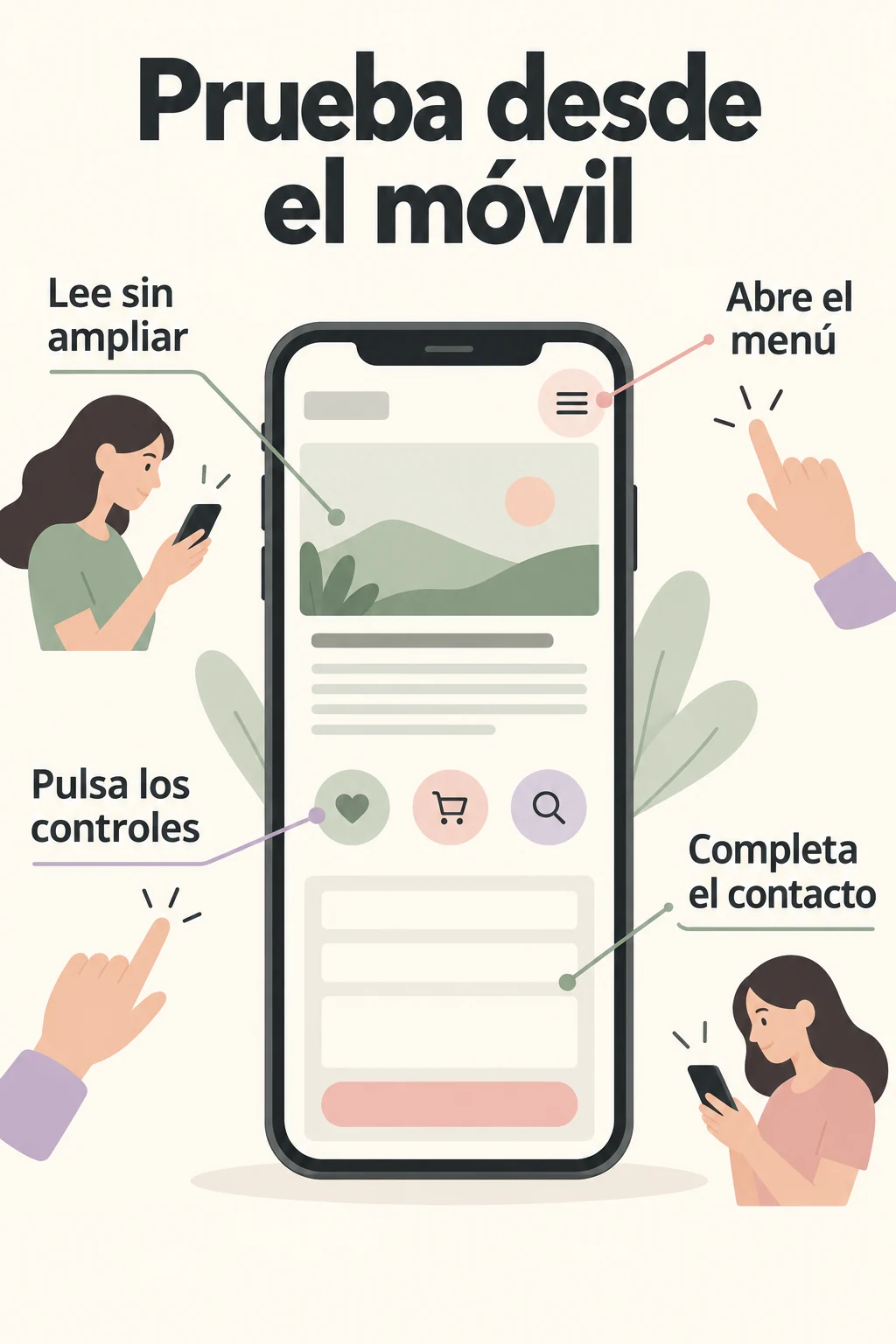 Cuatro pruebas desde el teléfono: leer sin ampliar, abrir el menú, pulsar controles y completar el contacto