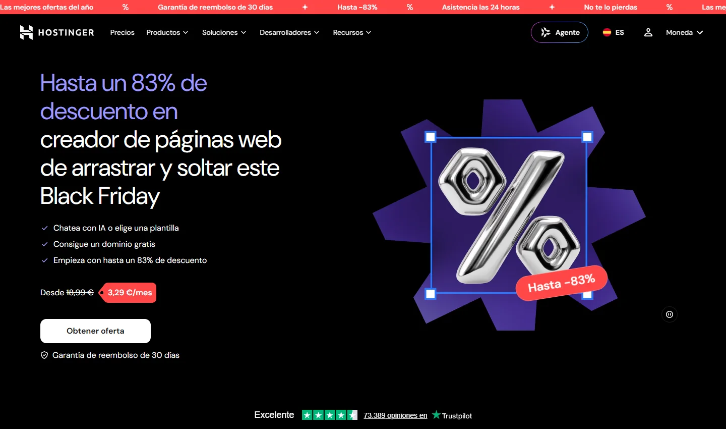 Captura de la portada pública de Hostinger Website Builder, tomada el 23 de octubre de 2026