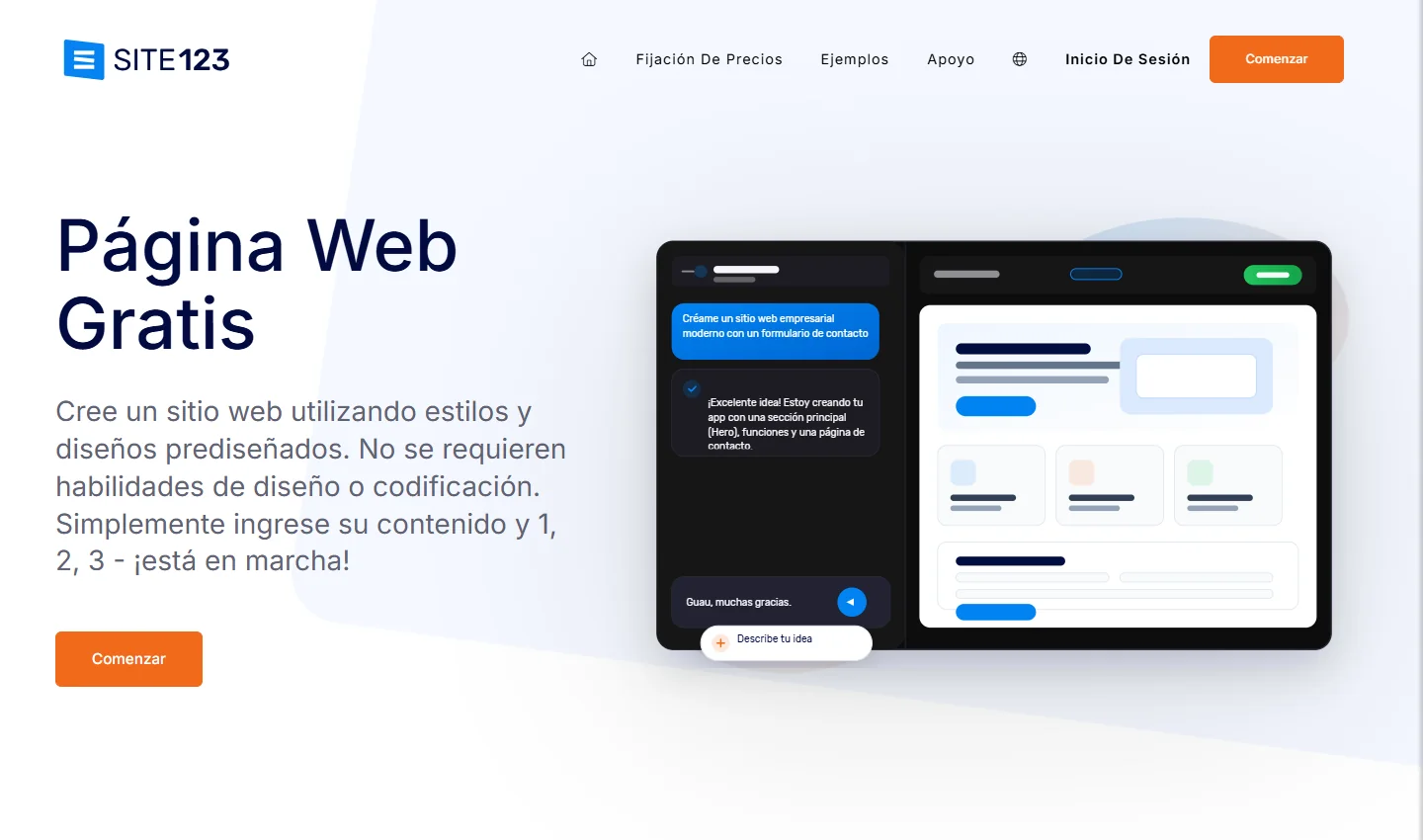 Captura de la portada pública de SITE123, tomada el 23 de octubre de 2026