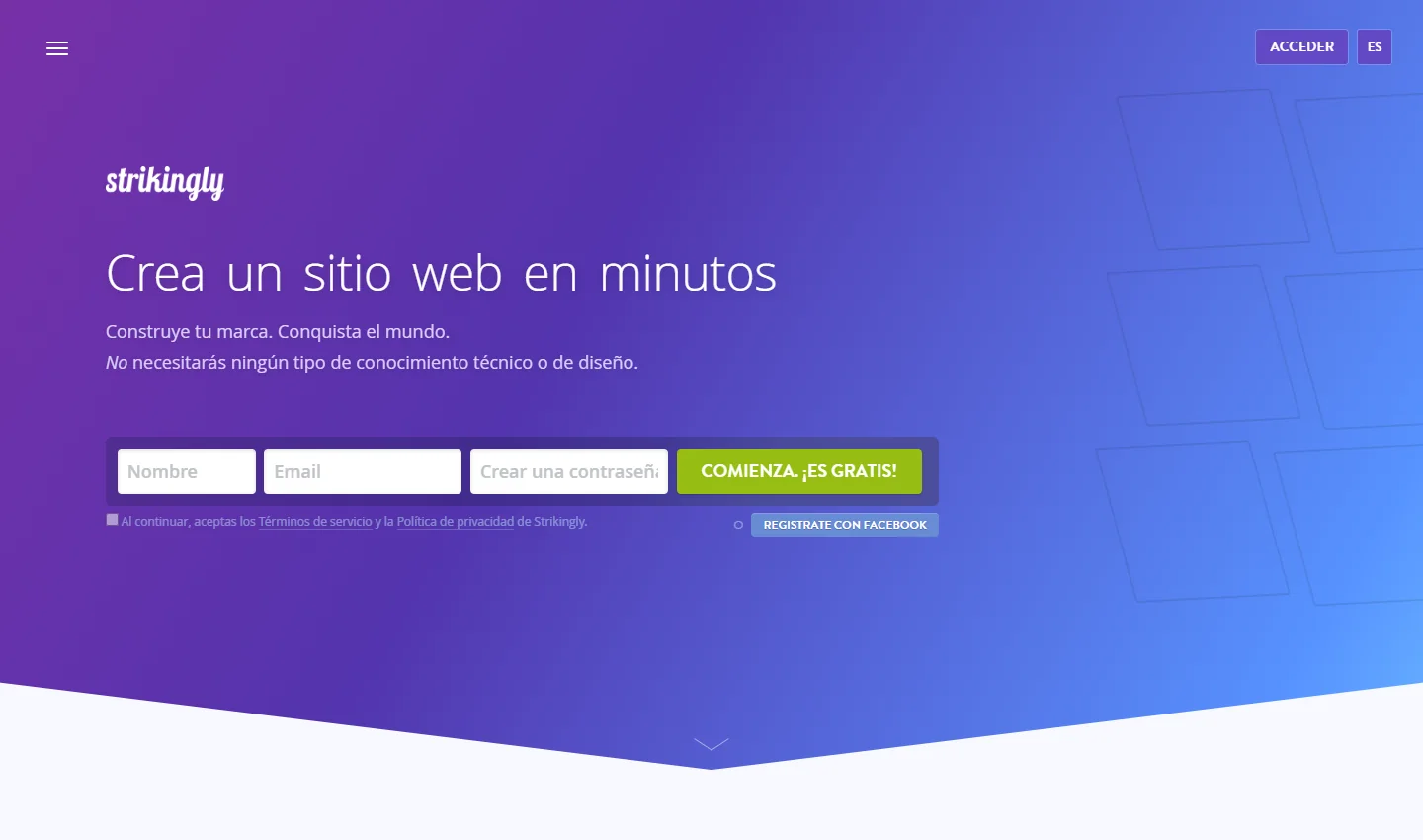 Captura de la portada pública de Strikingly, tomada el 23 de octubre de 2026