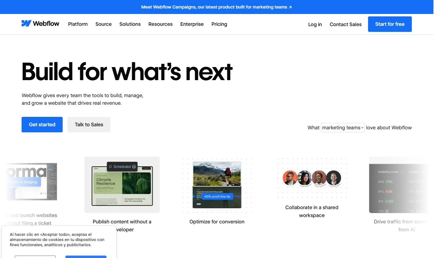 Captura de la portada pública de Webflow, tomada el 23 de octubre de 2026