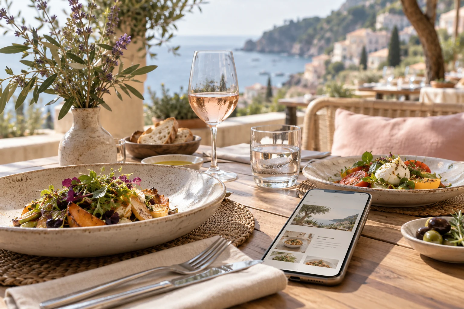 Mesa de restaurante con comida y un teléfono que muestra una carta web