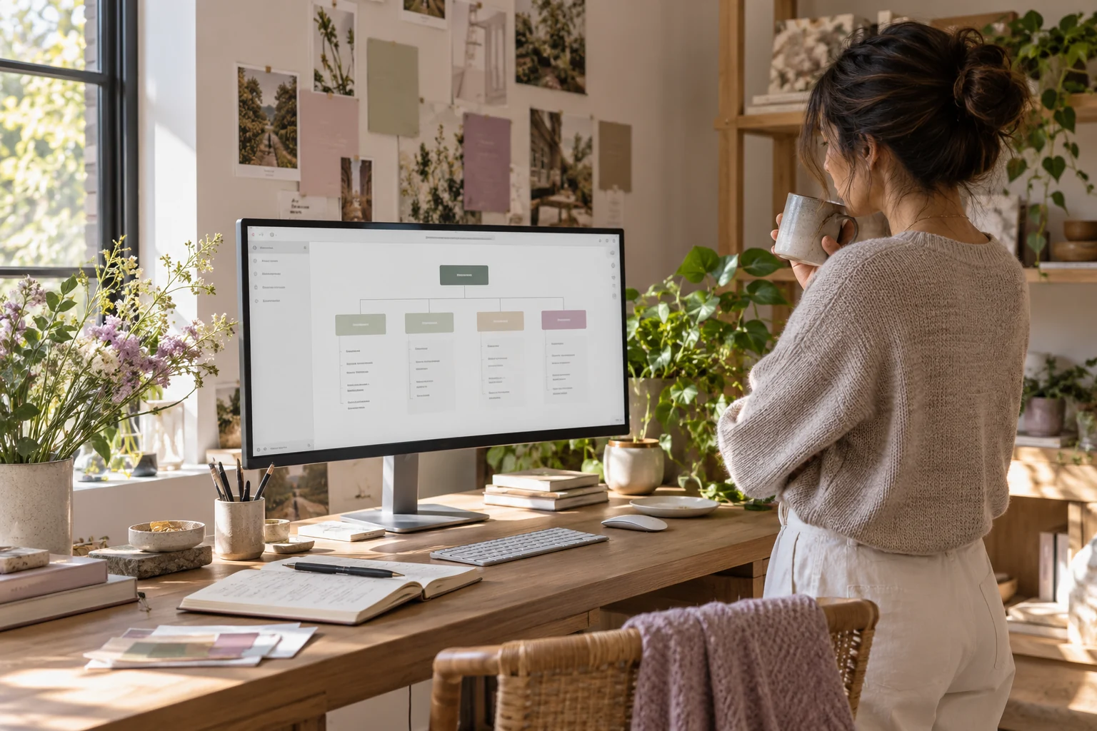 Persona revisa un esquema de páginas en un monitor, escena ilustrativa