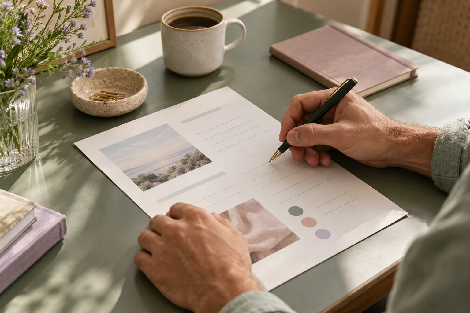Persona escribe a mano un esquema junto a fotografías impresas, escena ilustrativa