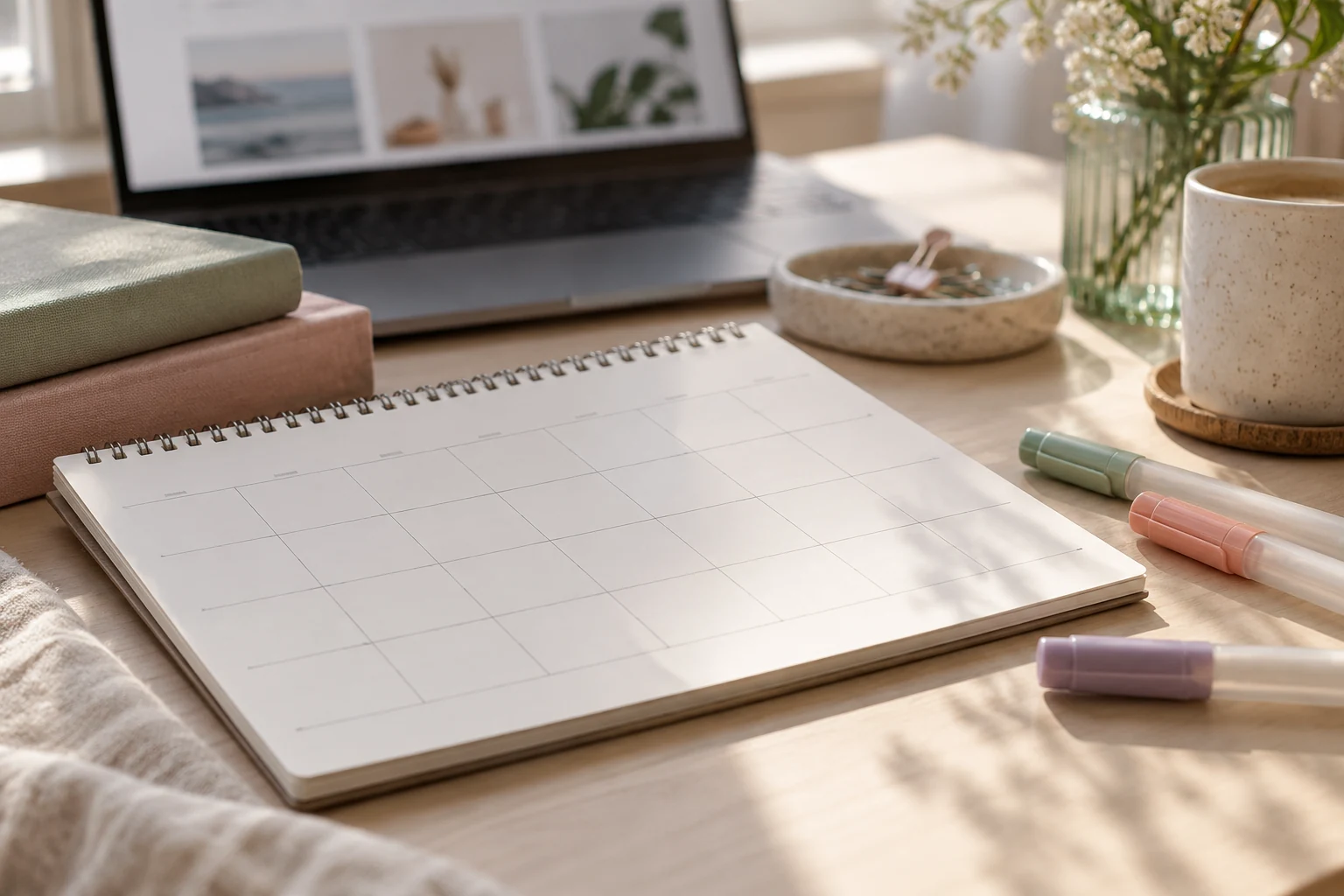 Calendario sin anotaciones junto a un portátil y una taza, escena ilustrativa