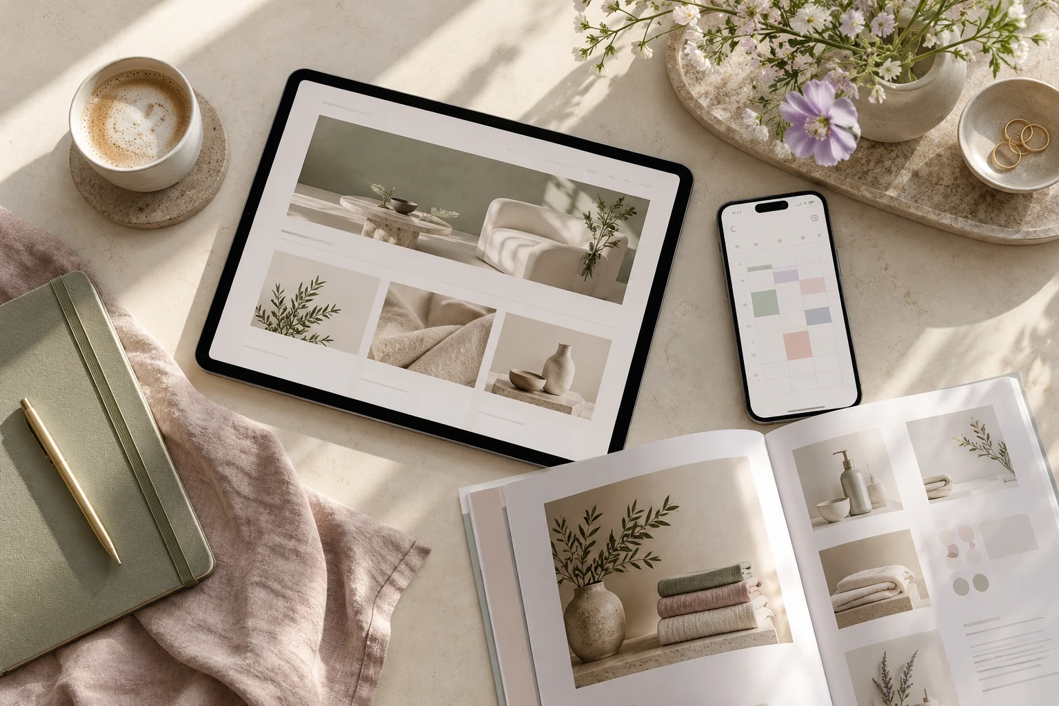 Pantallas y fotografías organizadas para planificar una web, escena ilustrativa