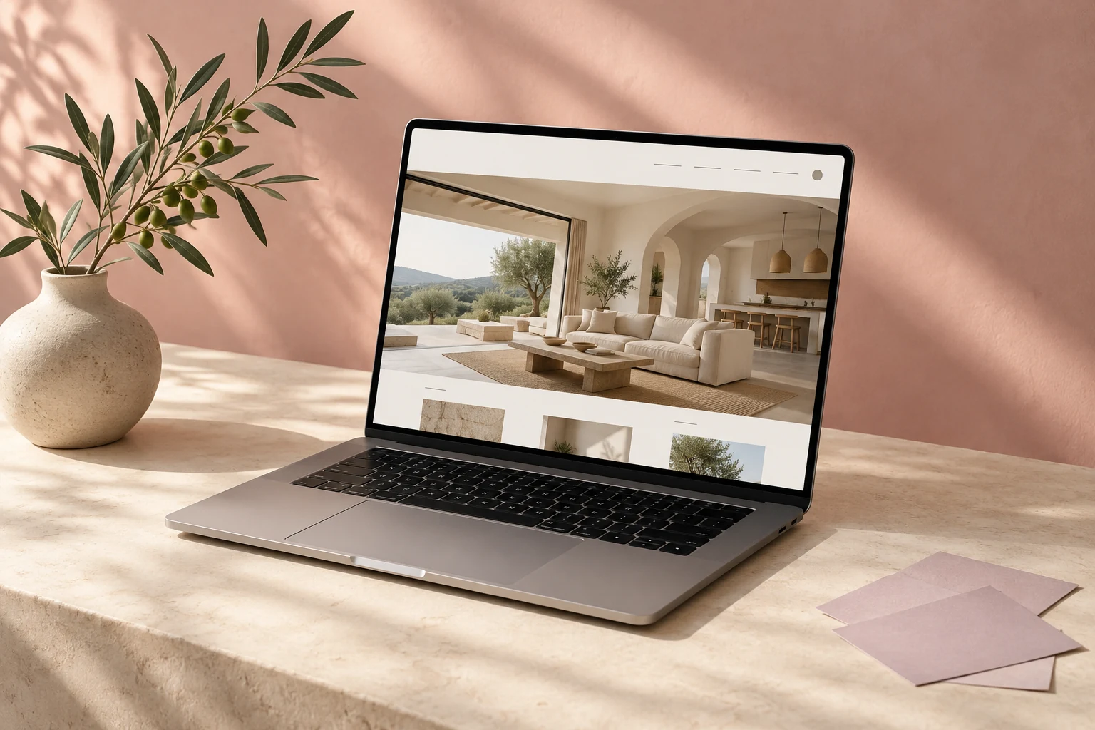Un portátil muestra una web de reformas sobre una mesa clara con una rama de olivo
